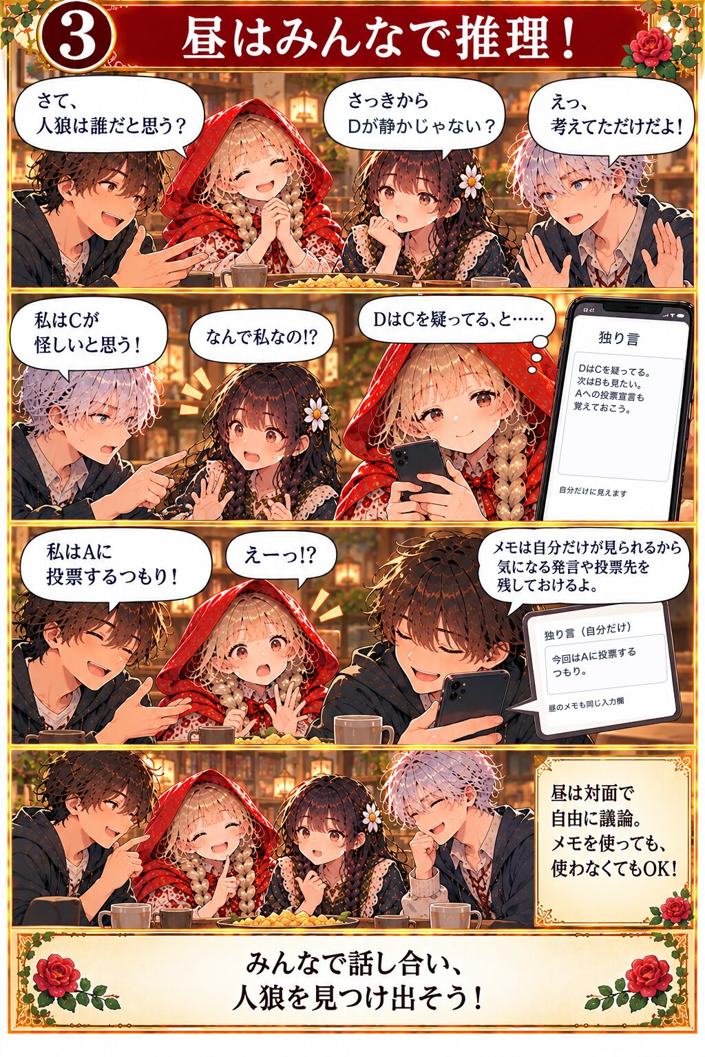 3. 昼はみんなで推理!。昼は顔を合わせて自由に話し合います。独り言は自分だけのメモとして使えます。