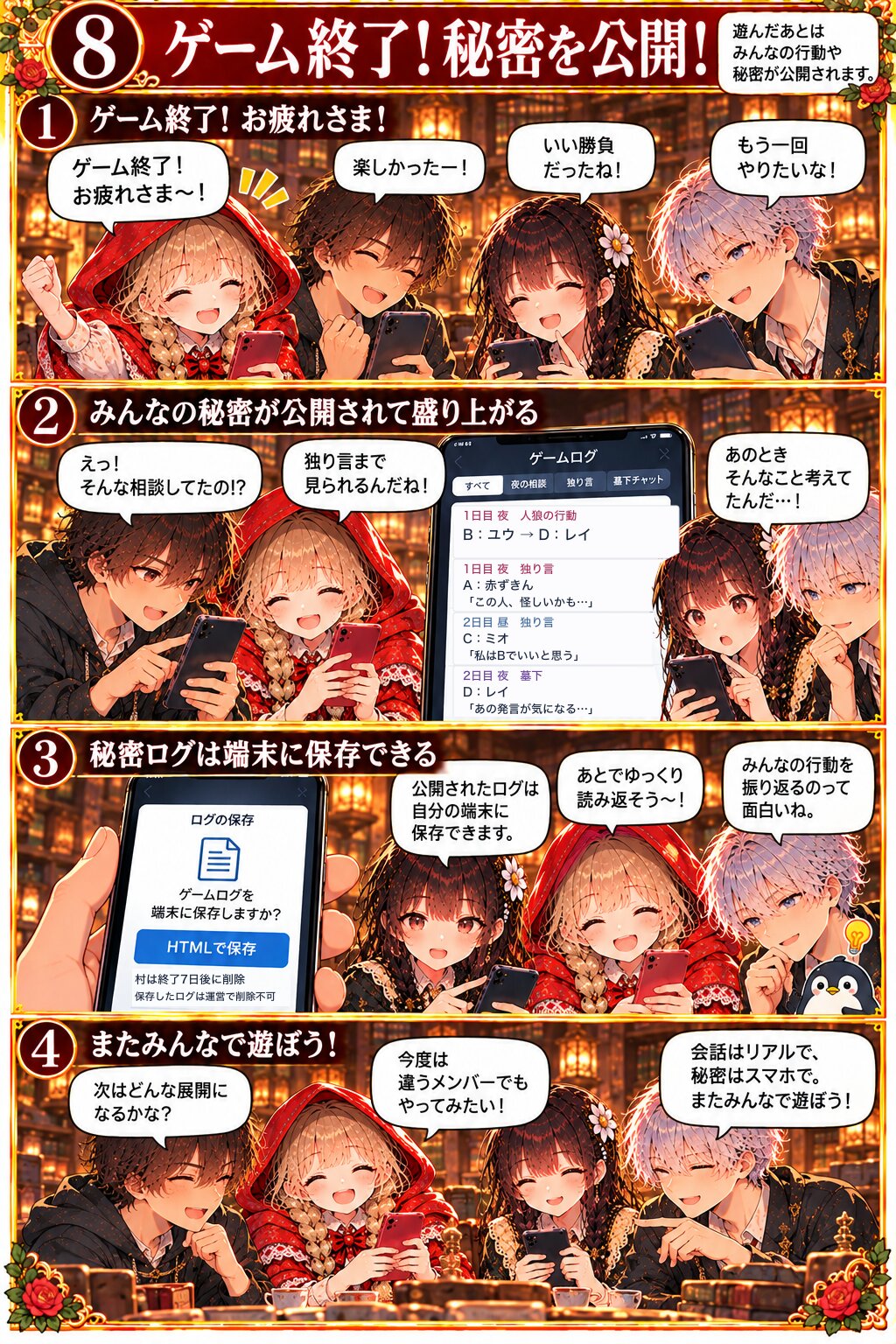 8. ゲーム終了!秘密を公開!。終わったら、夜の行動・独り言・墓下が全部公開されます。ログは端末に保存でき、村は終了から7日で消えます。