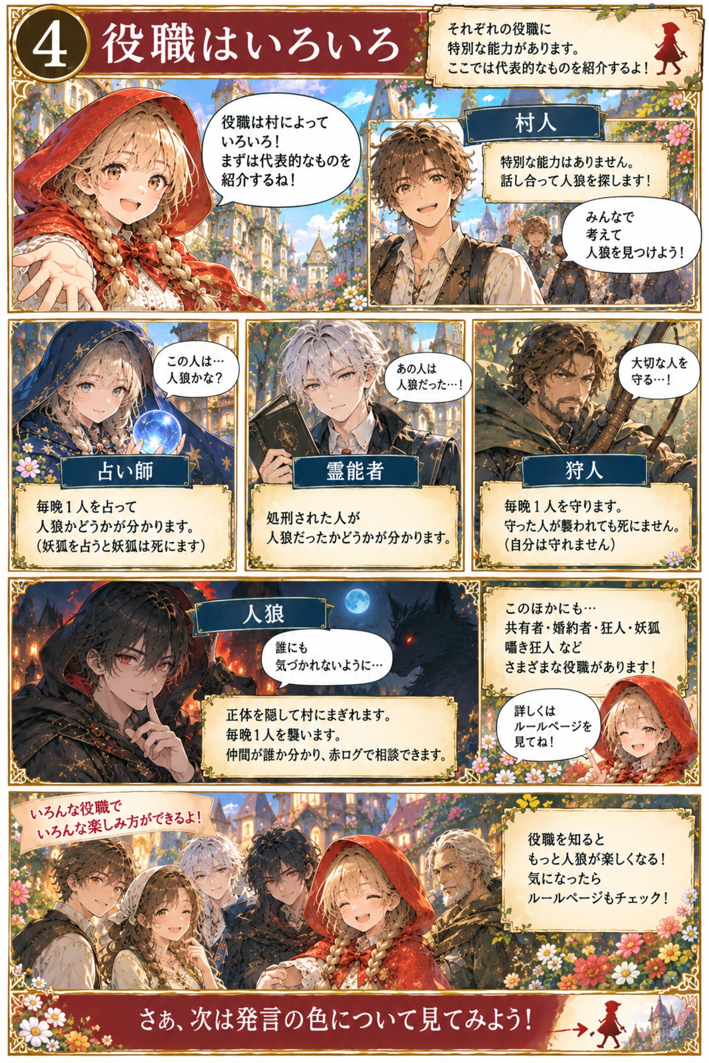 4. 役職はいろいろ — 村人・占い師・霊能者・狩人・人狼など、代表的な役職の紹介。