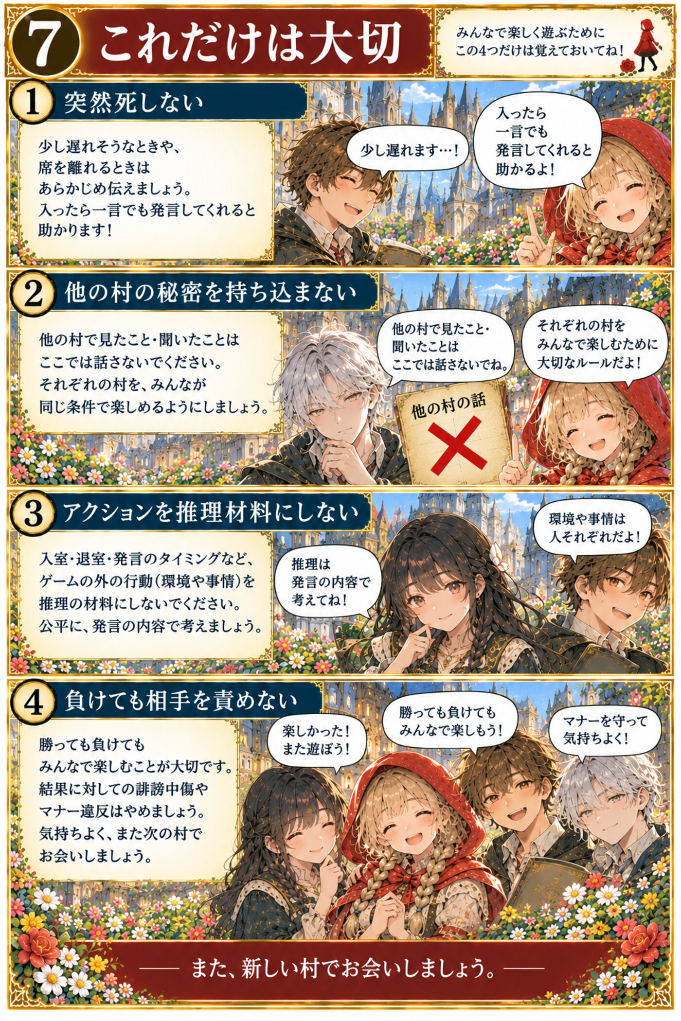7. これだけは大切 — 突然死しない。他の村の秘密を持ち込まない。アクションを推理材料にしない。負けても相手を責めない。